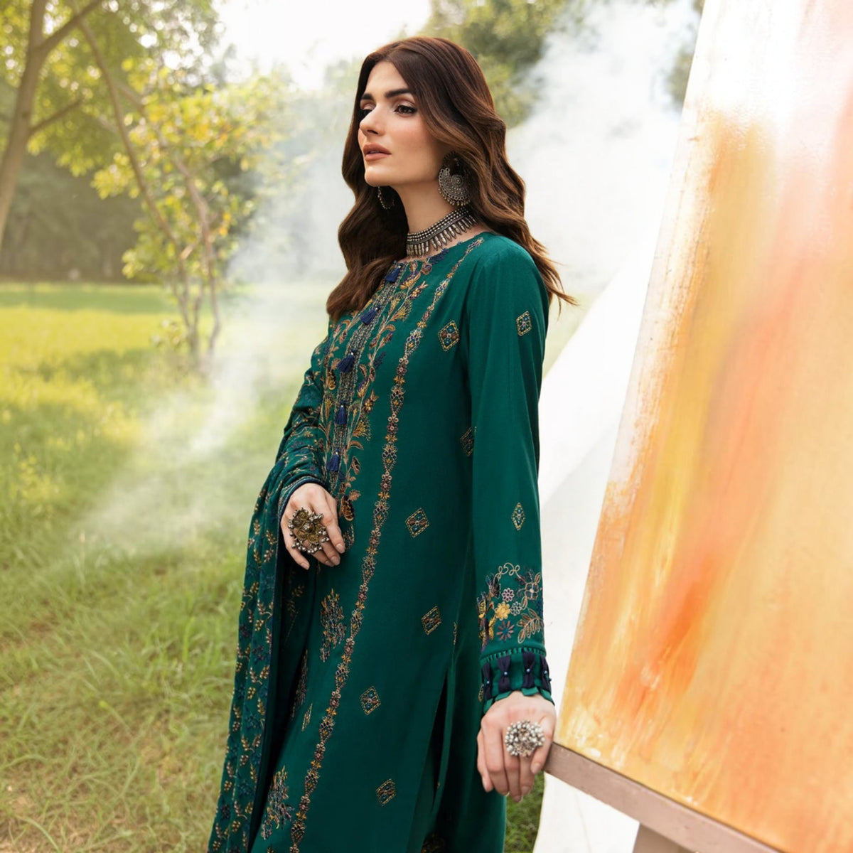 3-Piece Embroidered Dhanak Unstitched Suit