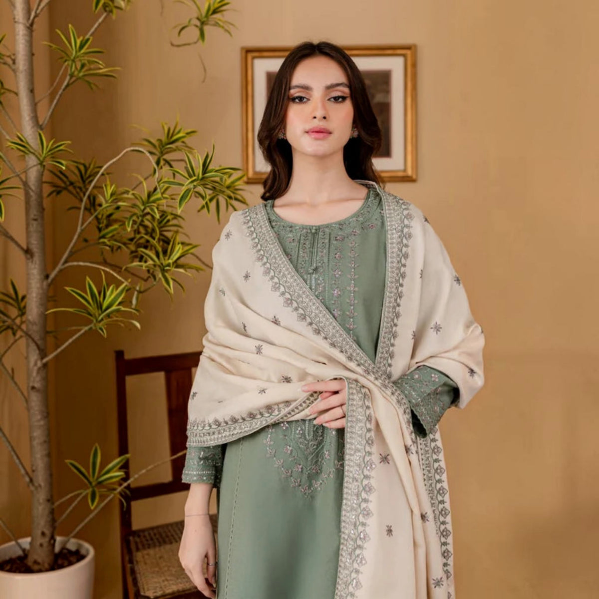3-Piece Embroidered Dhanak Unstitched Suit