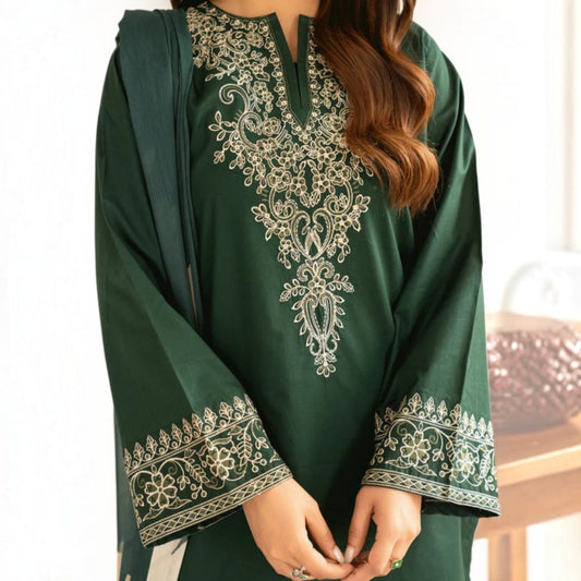 3-Piece Embroidered Dhanak Unstitched Suit