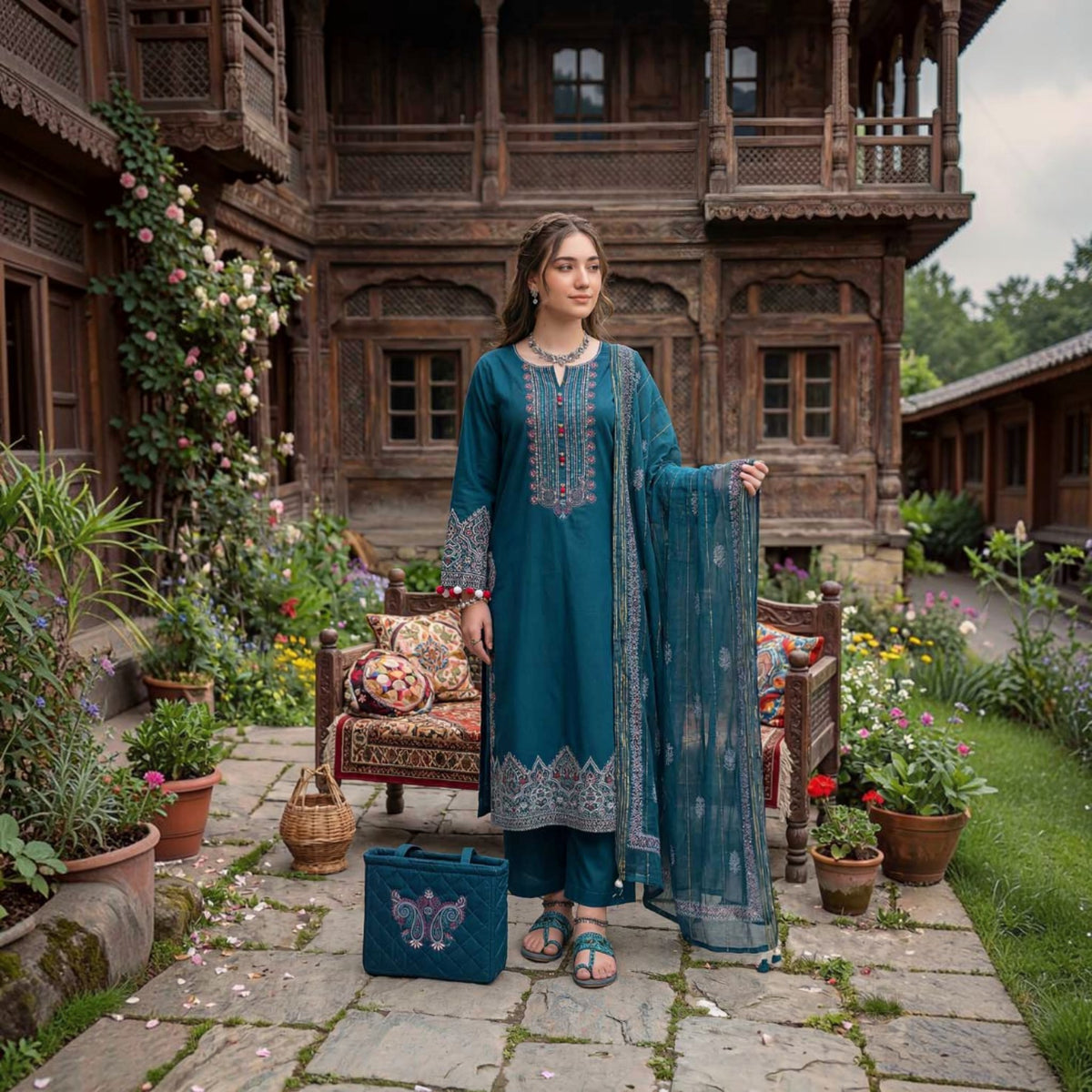 3-Piece Embroidered Dhanak Unstitched Suit