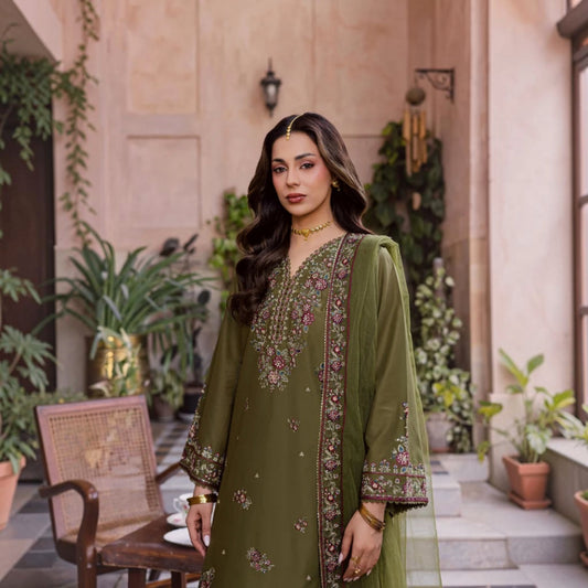 3-Piece Embroidered Dhanak Unstitched Suit
