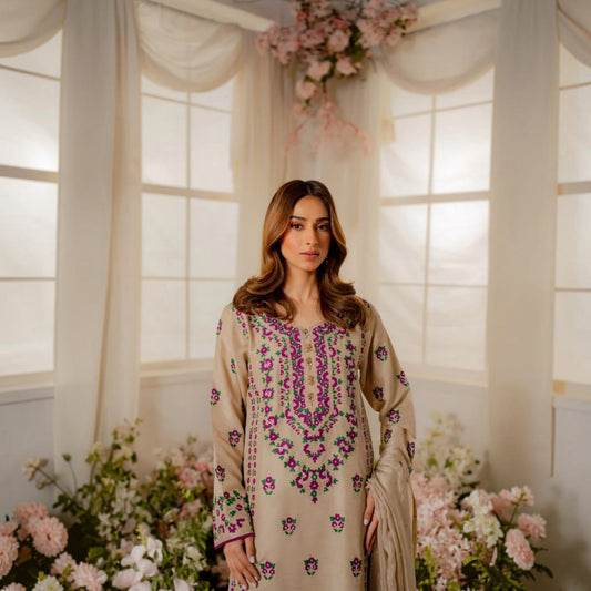 3-Piece Embroidered Dhanak Unstitched Suit