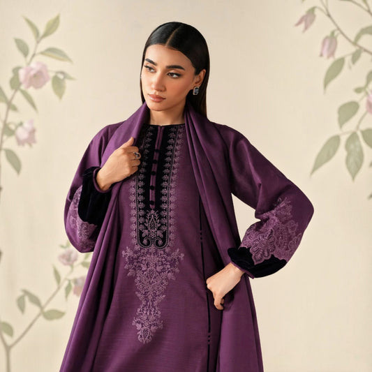 3-Piece Embroidered Dhanak Unstitched Suit