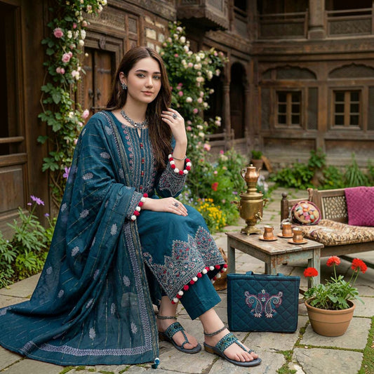 3-Piece Embroidered Dhanak Unstitched Suit