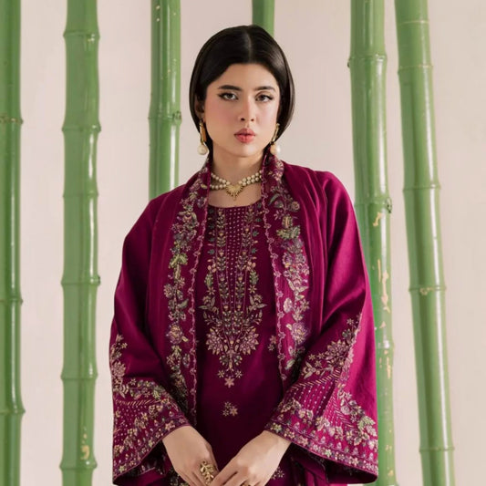 3-Piece Embroidered Dhanak Unstitched Suit
