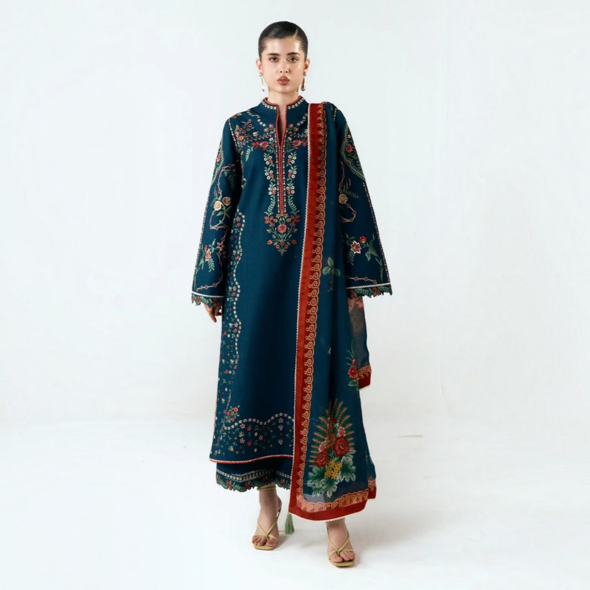 3-Piece Embroidered Dhanak Unstitched Suit