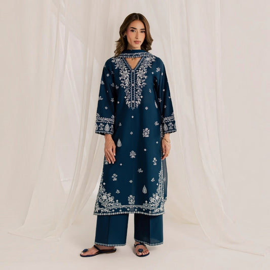 3-Piece Embroidered Dhanak Unstitched Suit