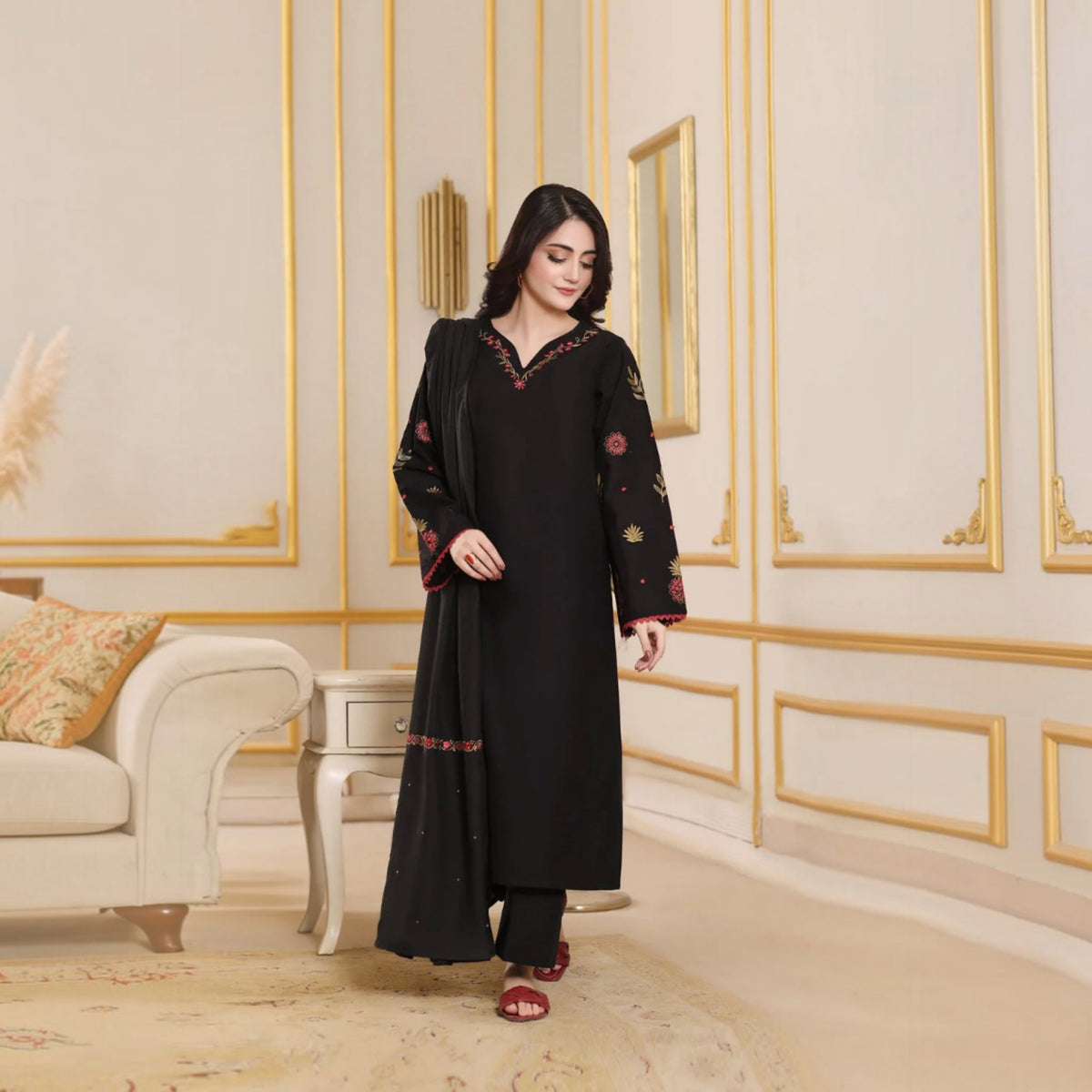 3-Piece Embroidered Dhanak Unstitched Suit
