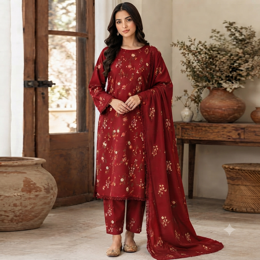 3-Piece Embroidered Dhanak Unstitched Suit