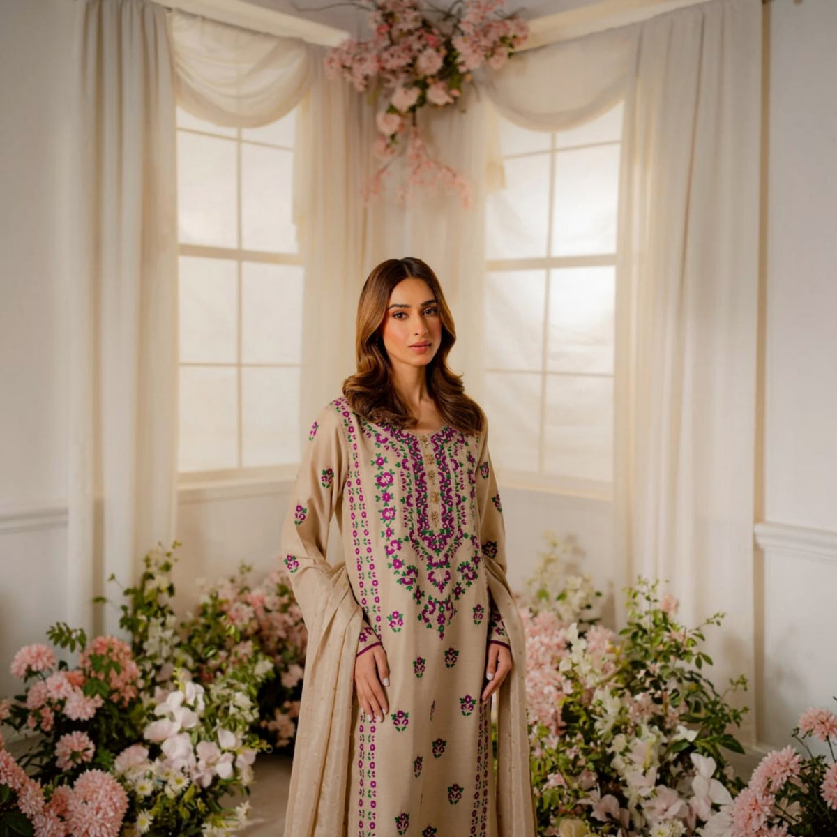 3-Piece Embroidered Dhanak Unstitched Suit