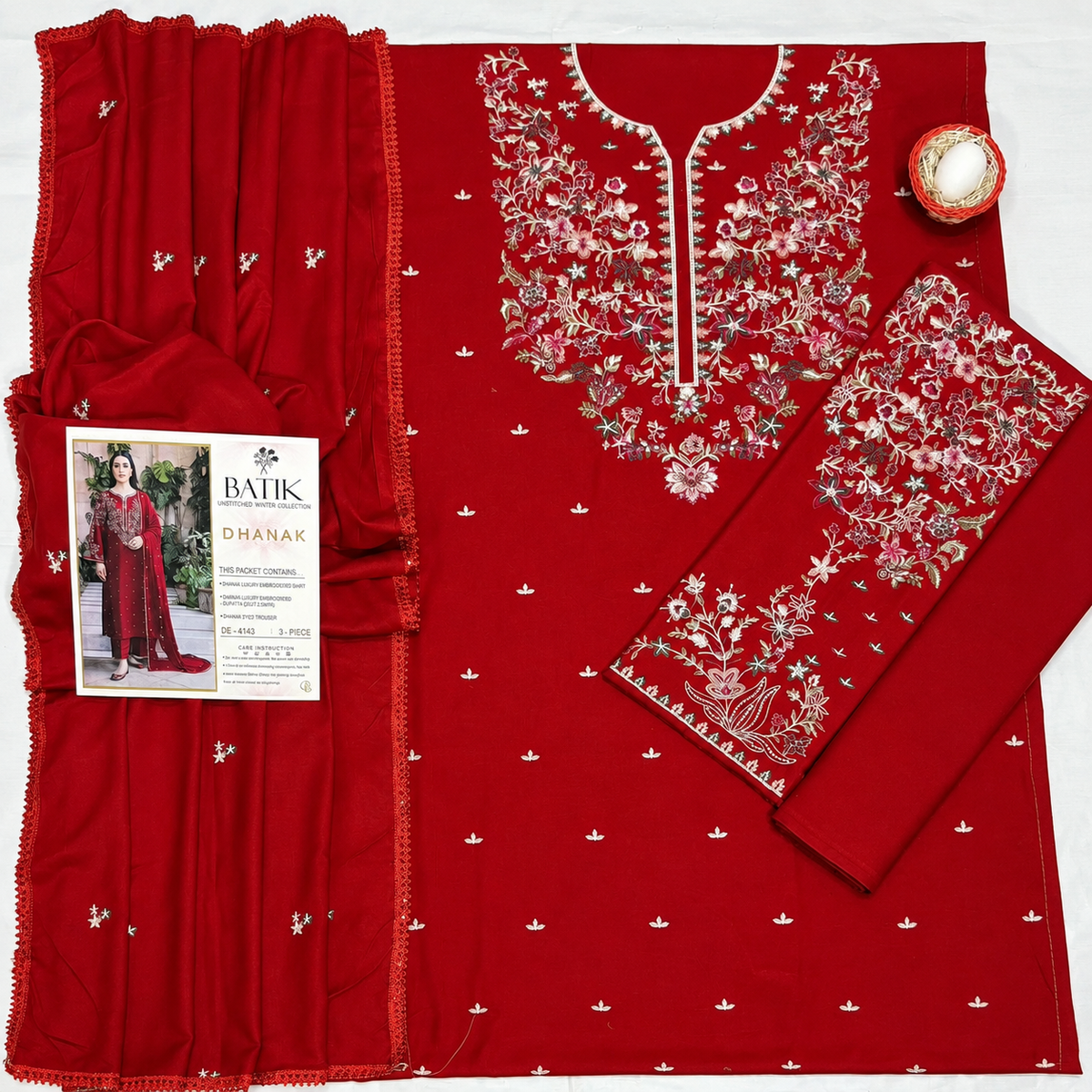 3-Piece Dhanak Embroidered Unstitched Suit