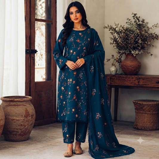 3-Piece Embroidered Dhanak Unstitched Suit
