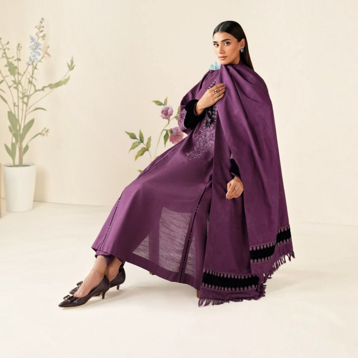 3-Piece Embroidered Dhanak Unstitched Suit