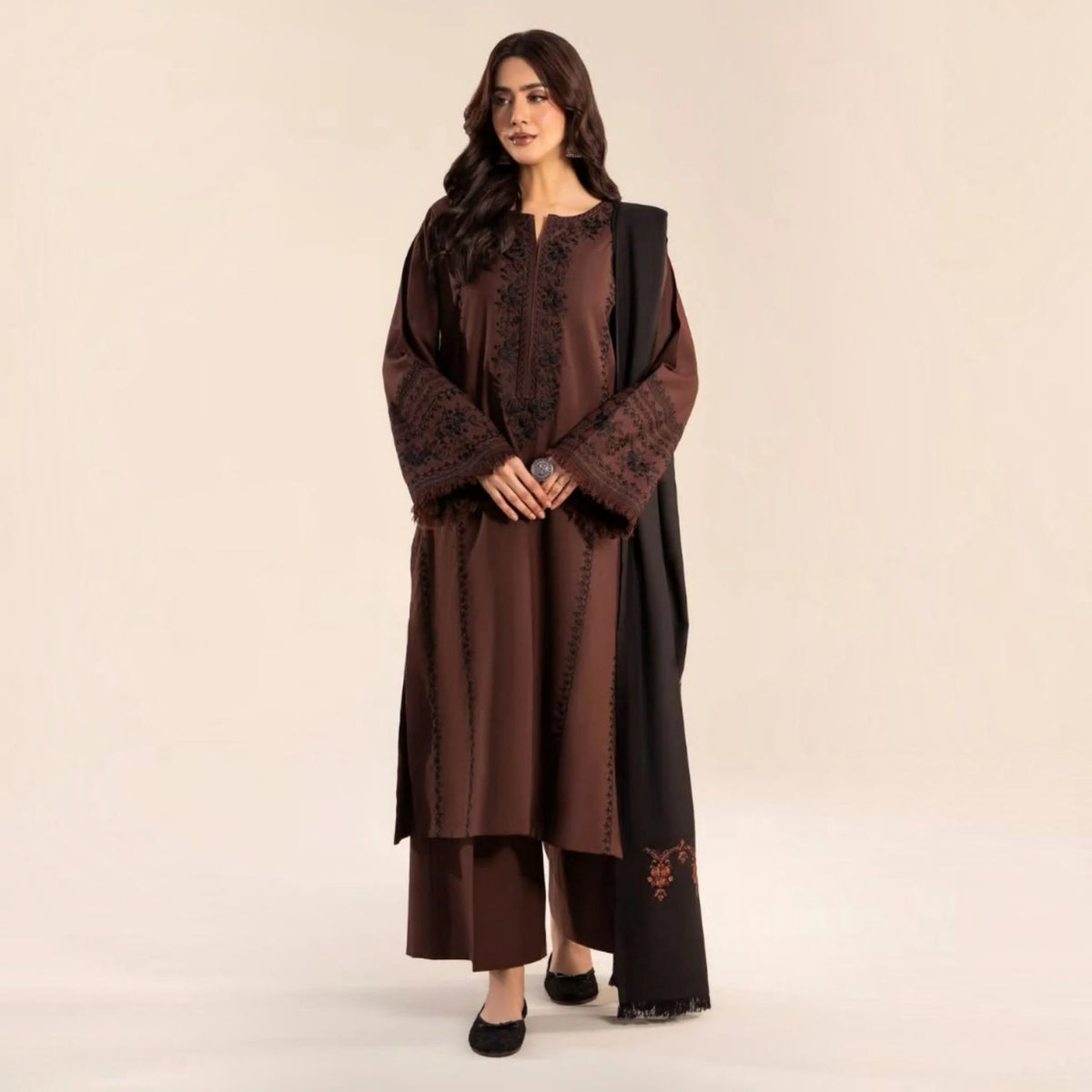 3-Piece Embroidered Dhanak Unstitched Suit