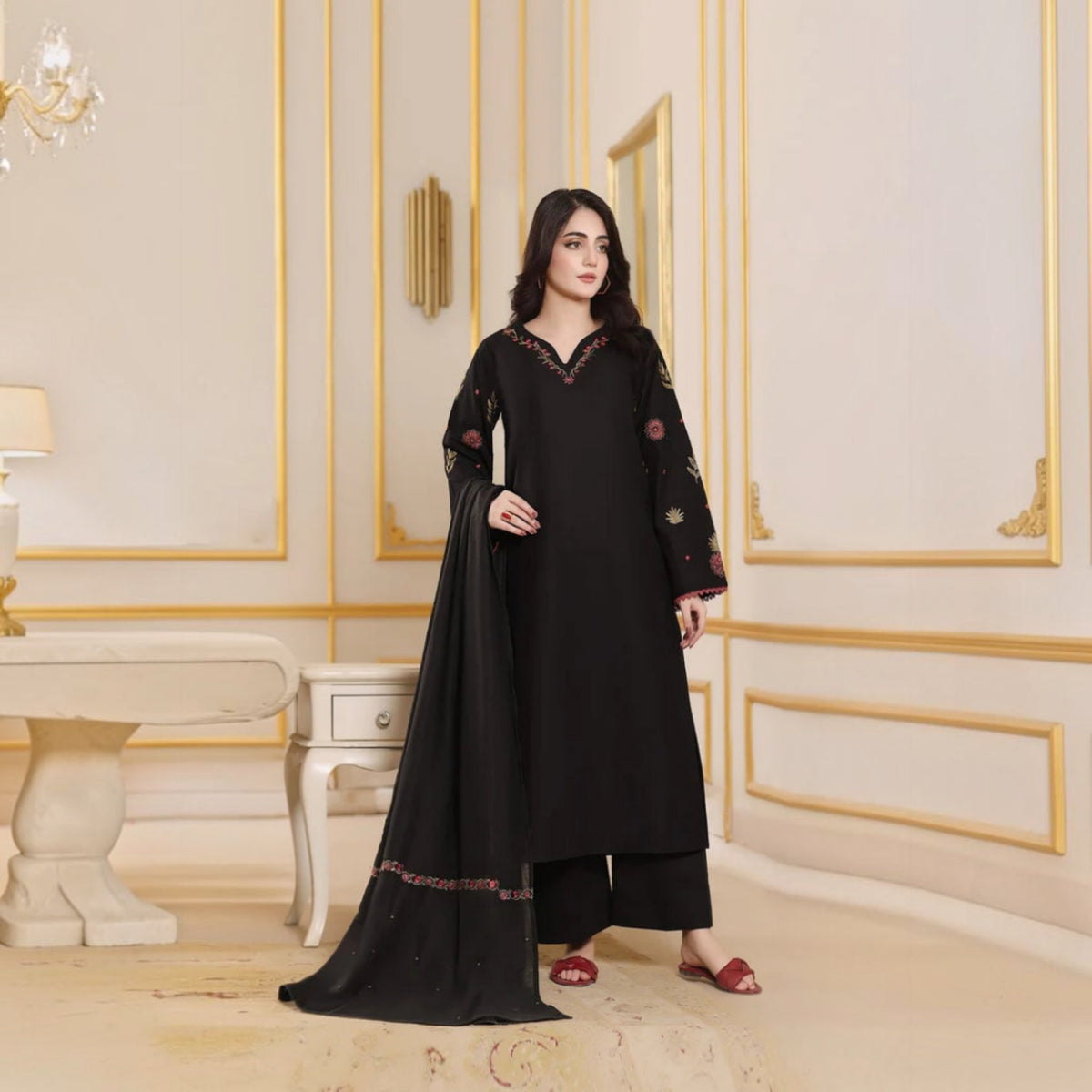 3-Piece Embroidered Dhanak Unstitched Suit