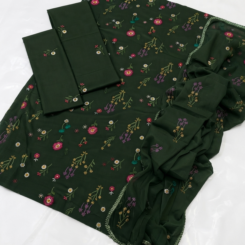 3-Piece Embroidered Dhanak Unstitched Suit