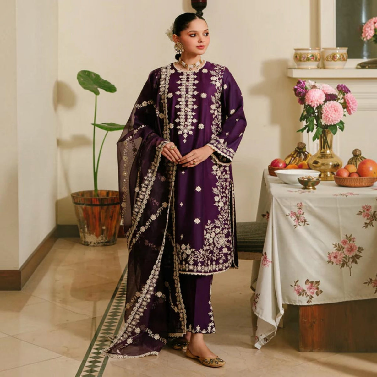 3-Piece Embroidered Dhanak Unstitched Suit