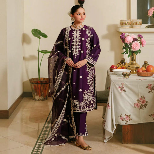 3-Piece Embroidered Dhanak Unstitched Suit