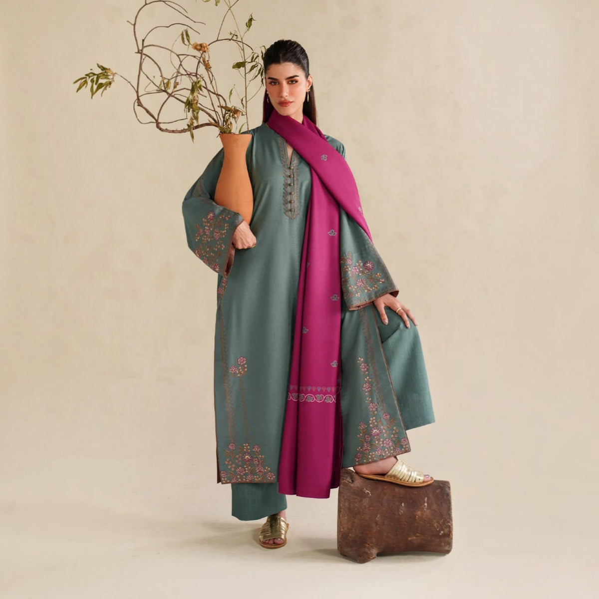 3-Piece Embroidered Dhanak Unstitched Suit
