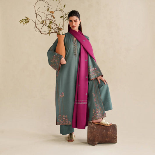 3-Piece Embroidered Dhanak Unstitched Suit