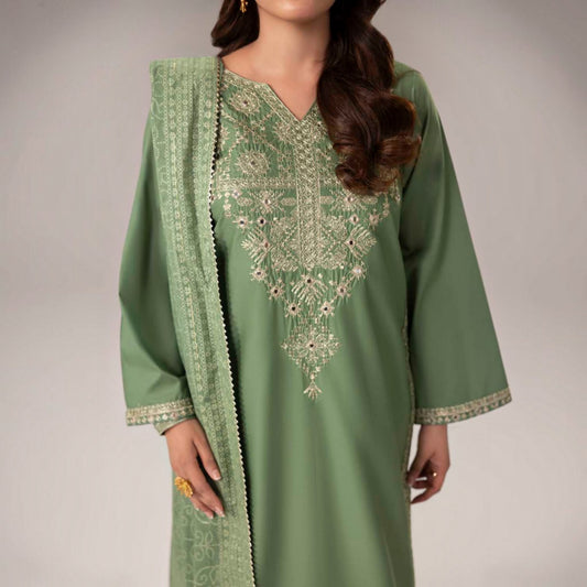 3-Piece Embroidered Dhanak Unstitched Suit