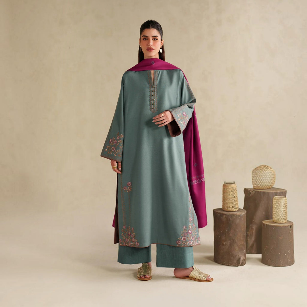 3-Piece Embroidered Dhanak Unstitched Suit