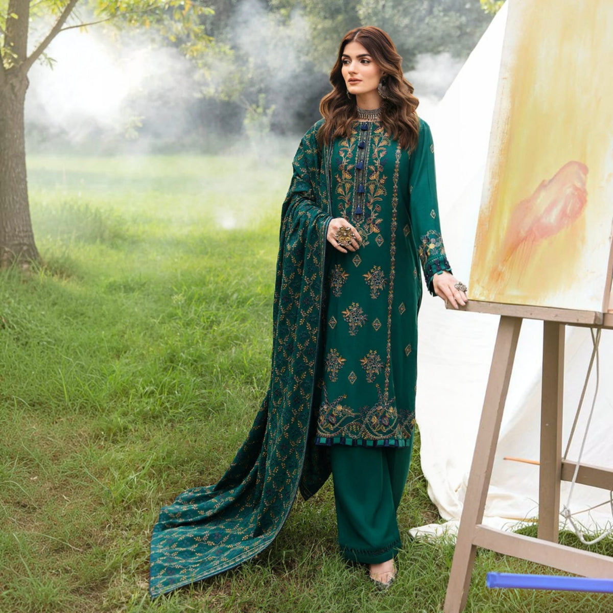 3-Piece Embroidered Dhanak Unstitched Suit