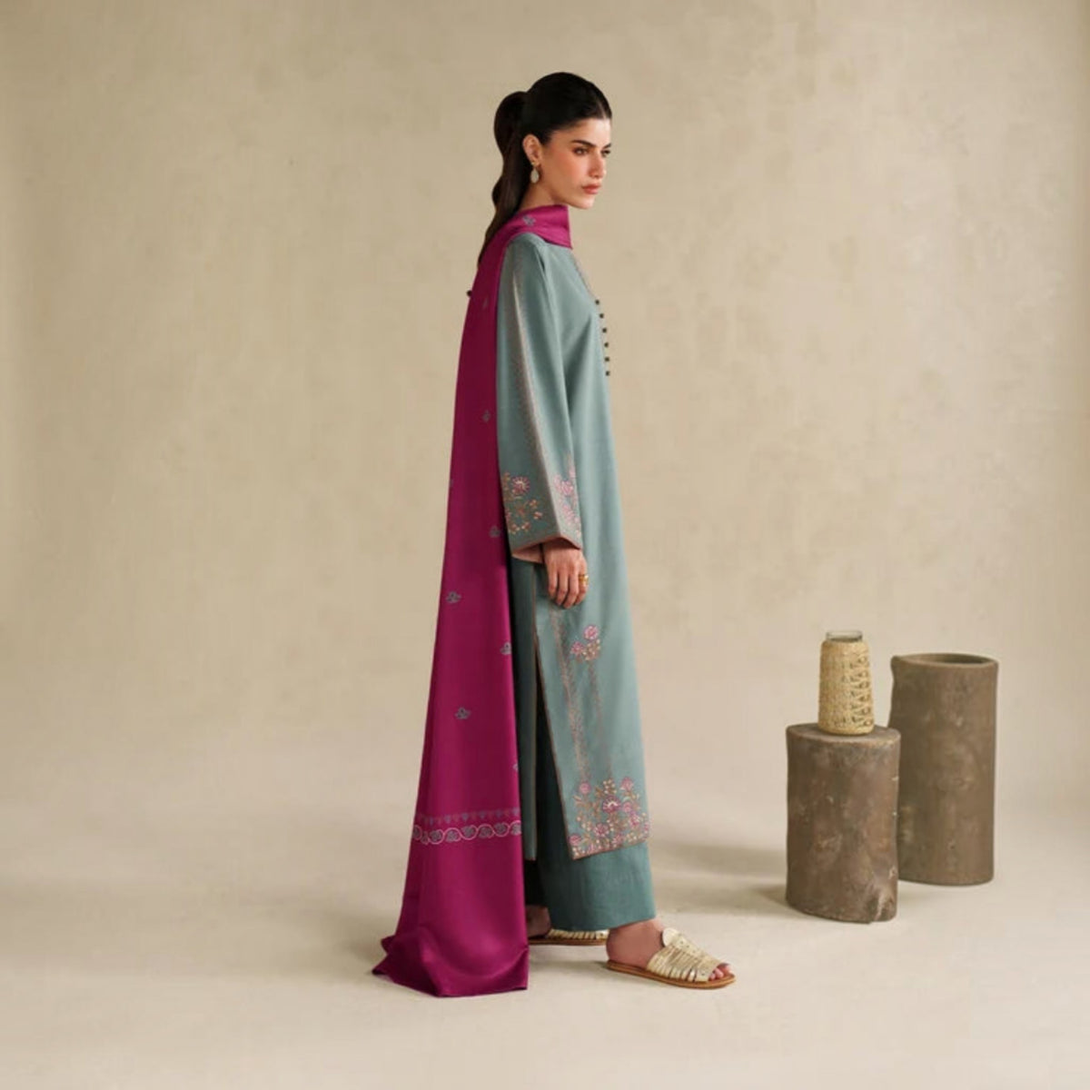 3-Piece Embroidered Dhanak Unstitched Suit