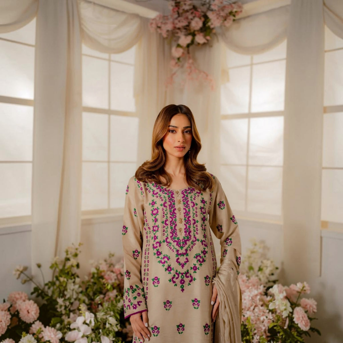 3-Piece Embroidered Dhanak Unstitched Suit