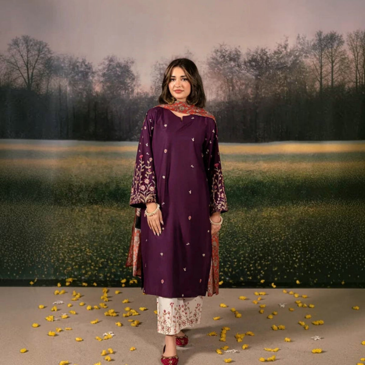 3-Piece Embroidered Dhanak Unstitched Suit