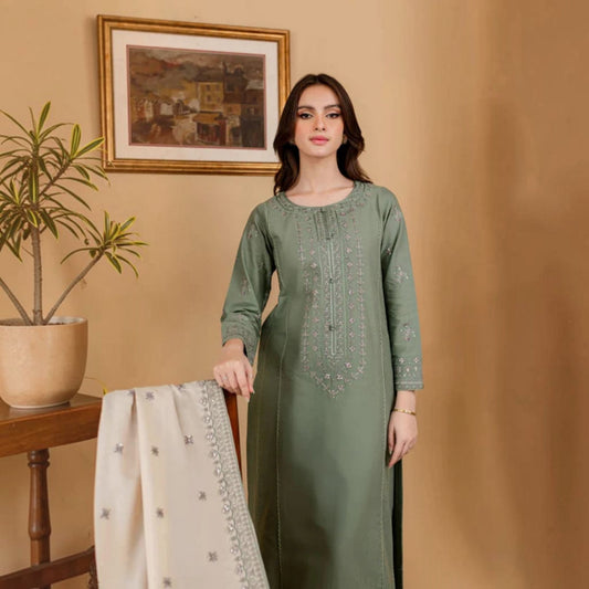 3-Piece Embroidered Dhanak Unstitched Suit