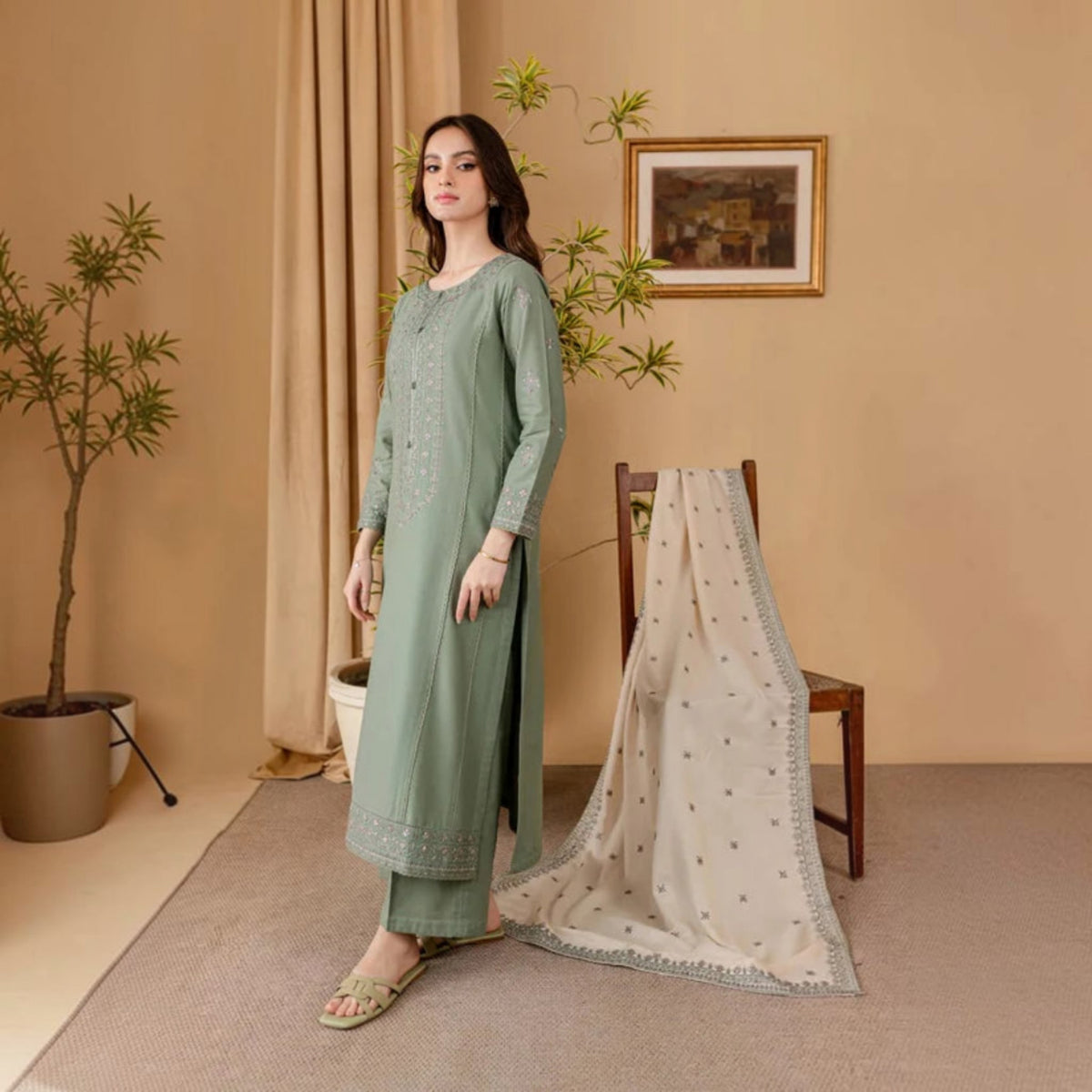 3-Piece Embroidered Dhanak Unstitched Suit