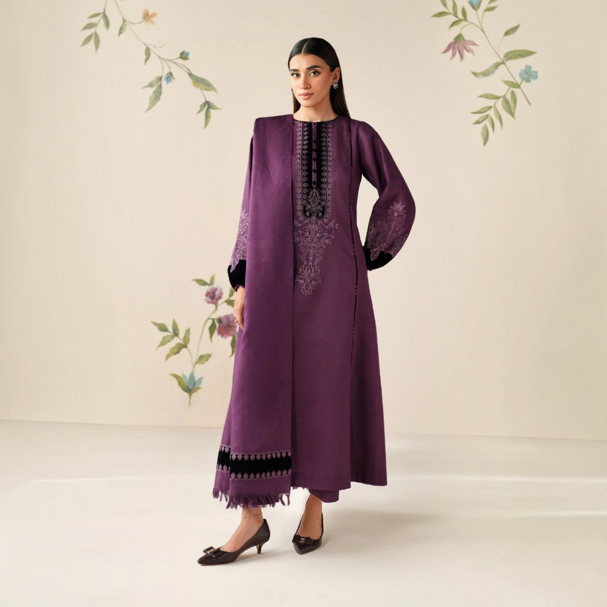 3-Piece Embroidered Dhanak Unstitched Suit