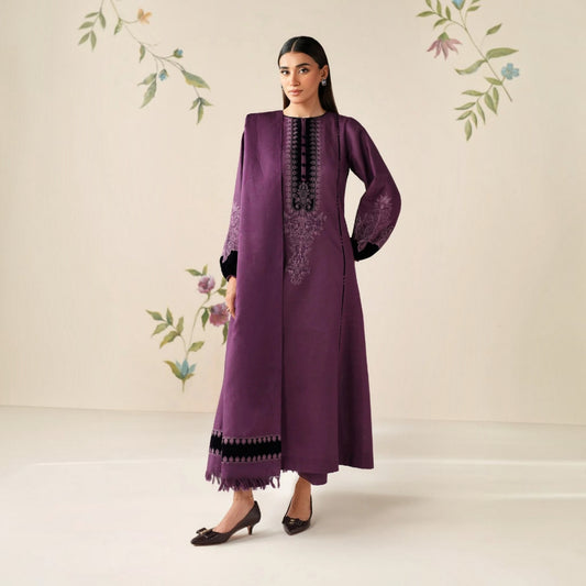 3-Piece Embroidered Dhanak Unstitched Suit