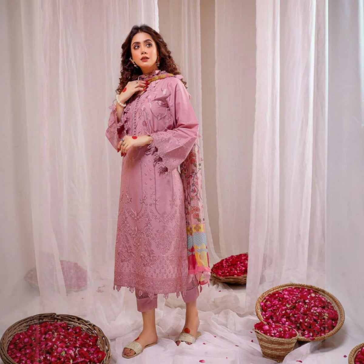 3-Piece Embroidered Dhanak Unstitched Suit