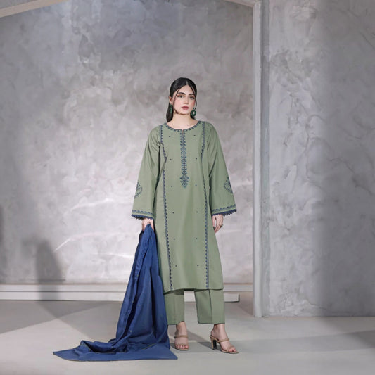 3-Piece Embroidered Dhanak Unstitched Suit