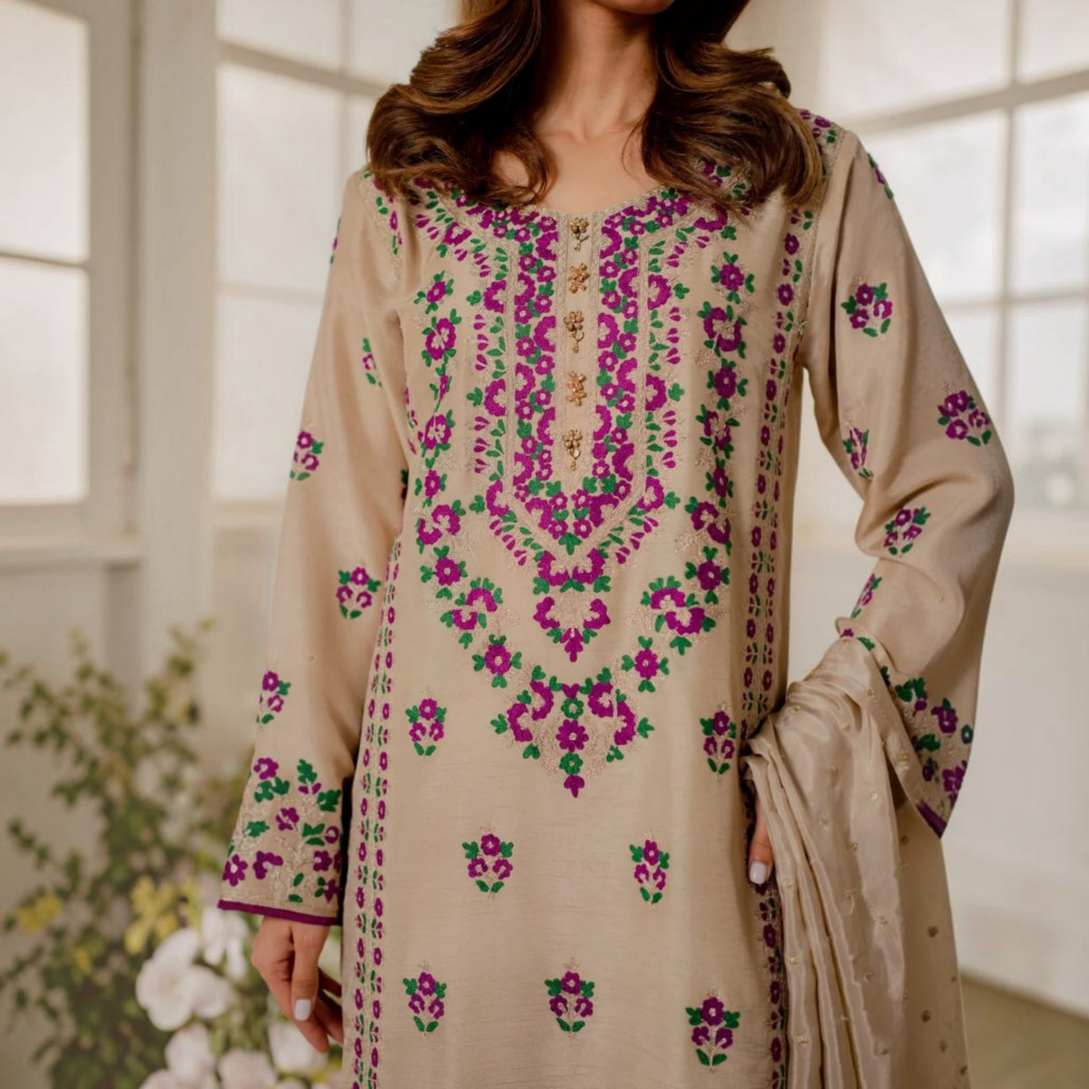 3-Piece Embroidered Dhanak Unstitched Suit