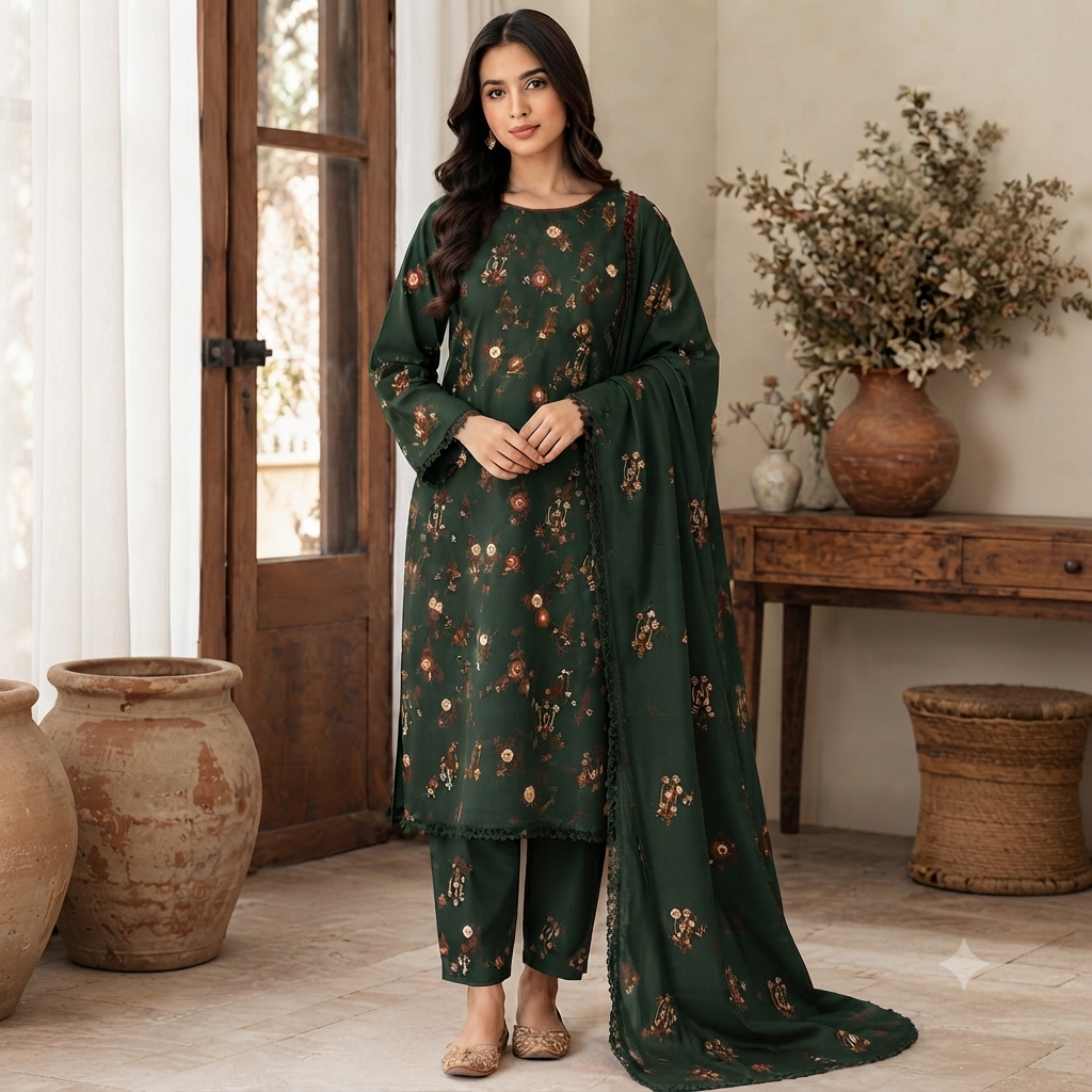 3-Piece Embroidered Dhanak Unstitched Suit