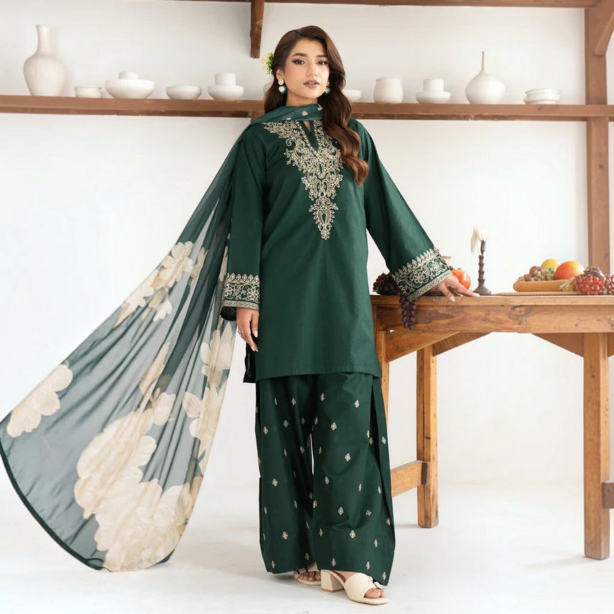 3-Piece Embroidered Dhanak Unstitched Suit