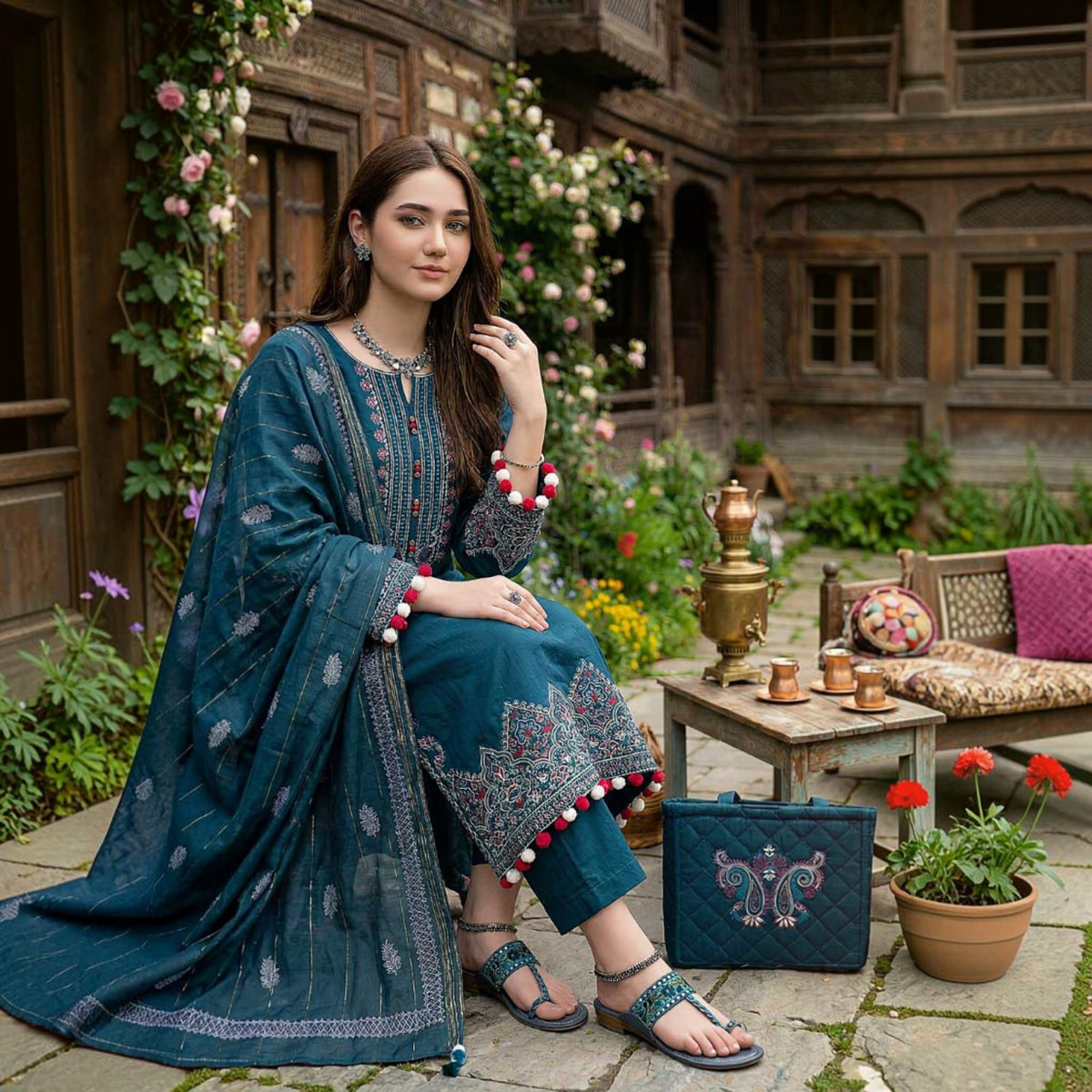 3-Piece Embroidered Dhanak Unstitched Suit