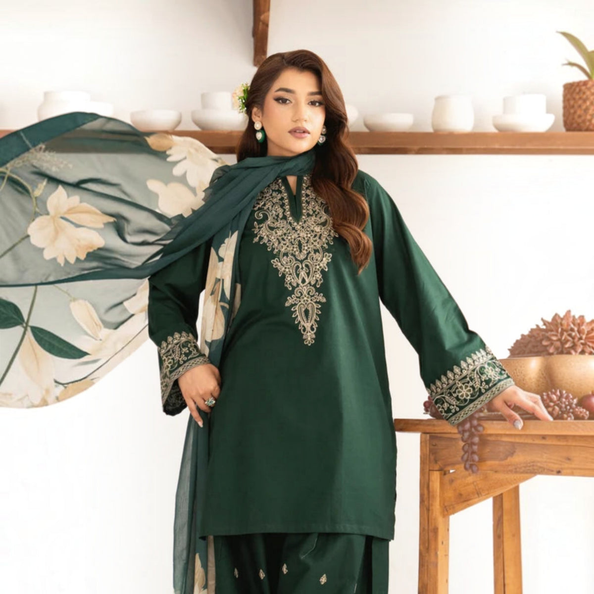 3-Piece Embroidered Dhanak Unstitched Suit