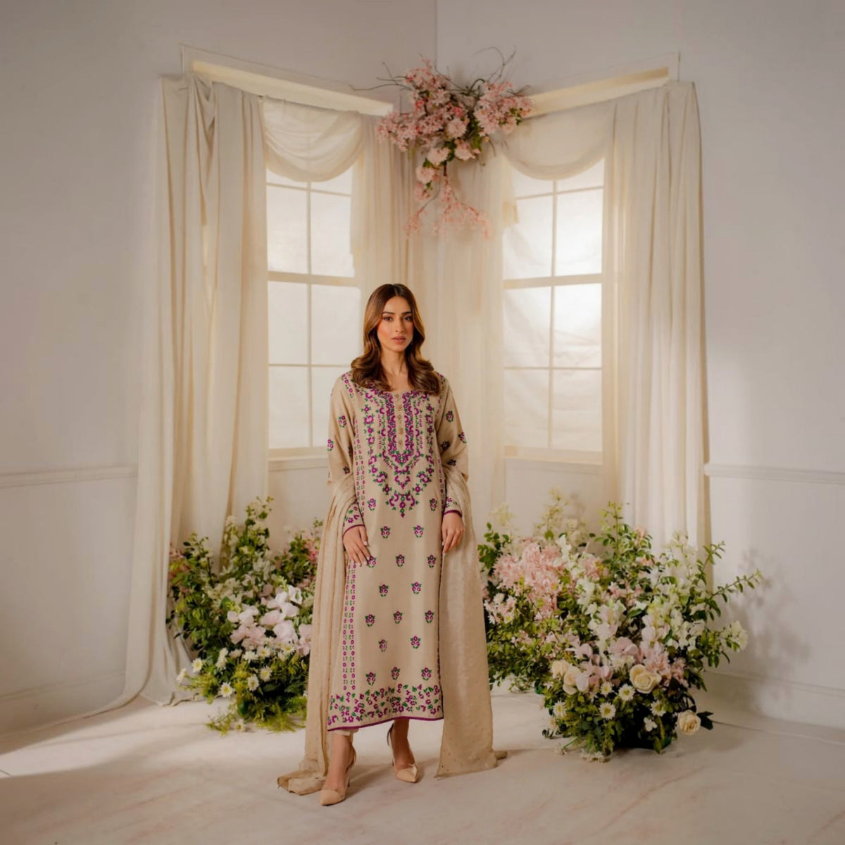 3-Piece Embroidered Dhanak Unstitched Suit