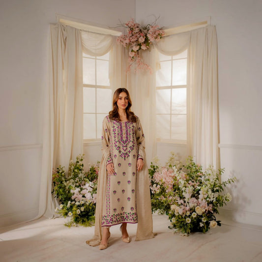 3-Piece Embroidered Dhanak Unstitched Suit