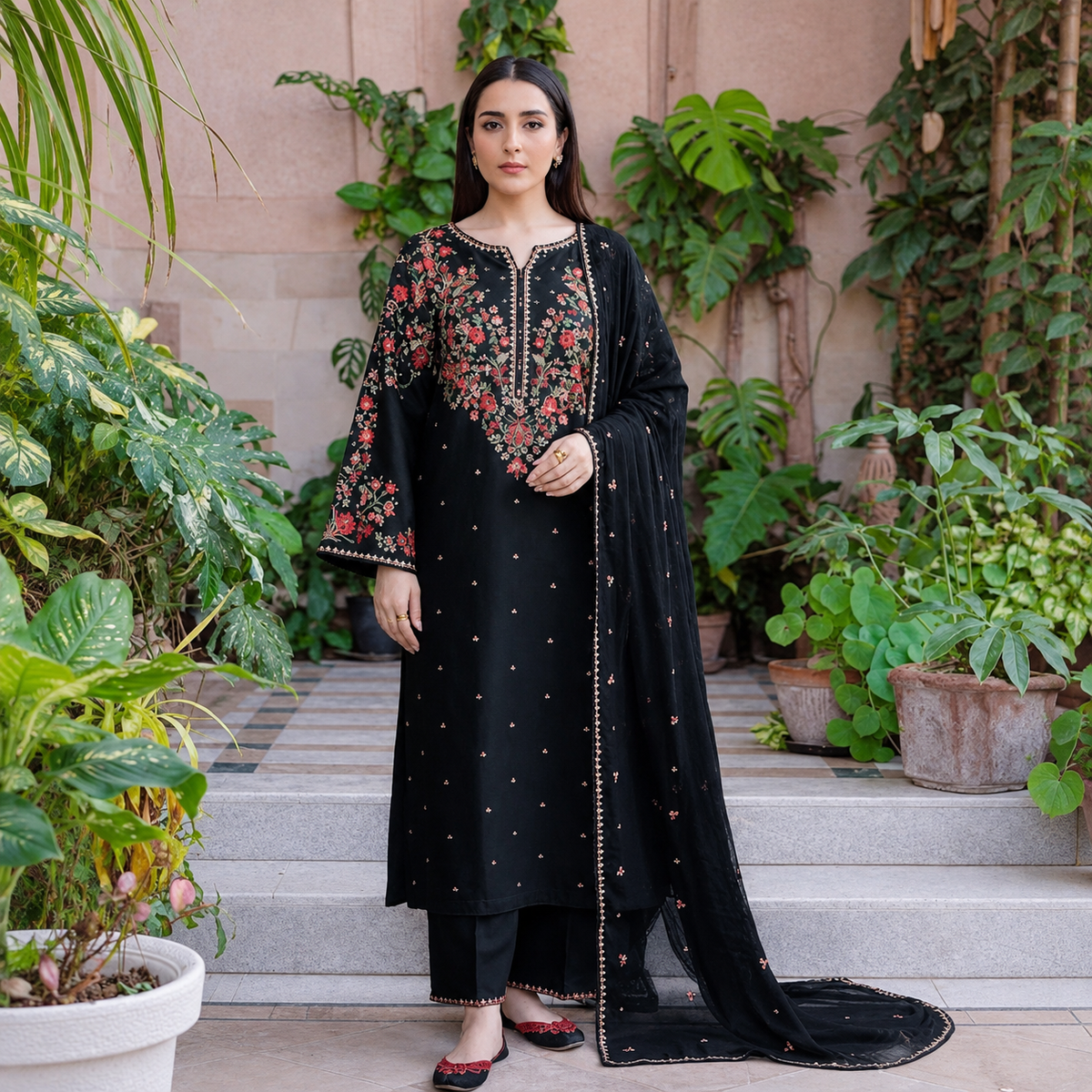 3-Piece Dhanak Embroidered Unstitched Suit