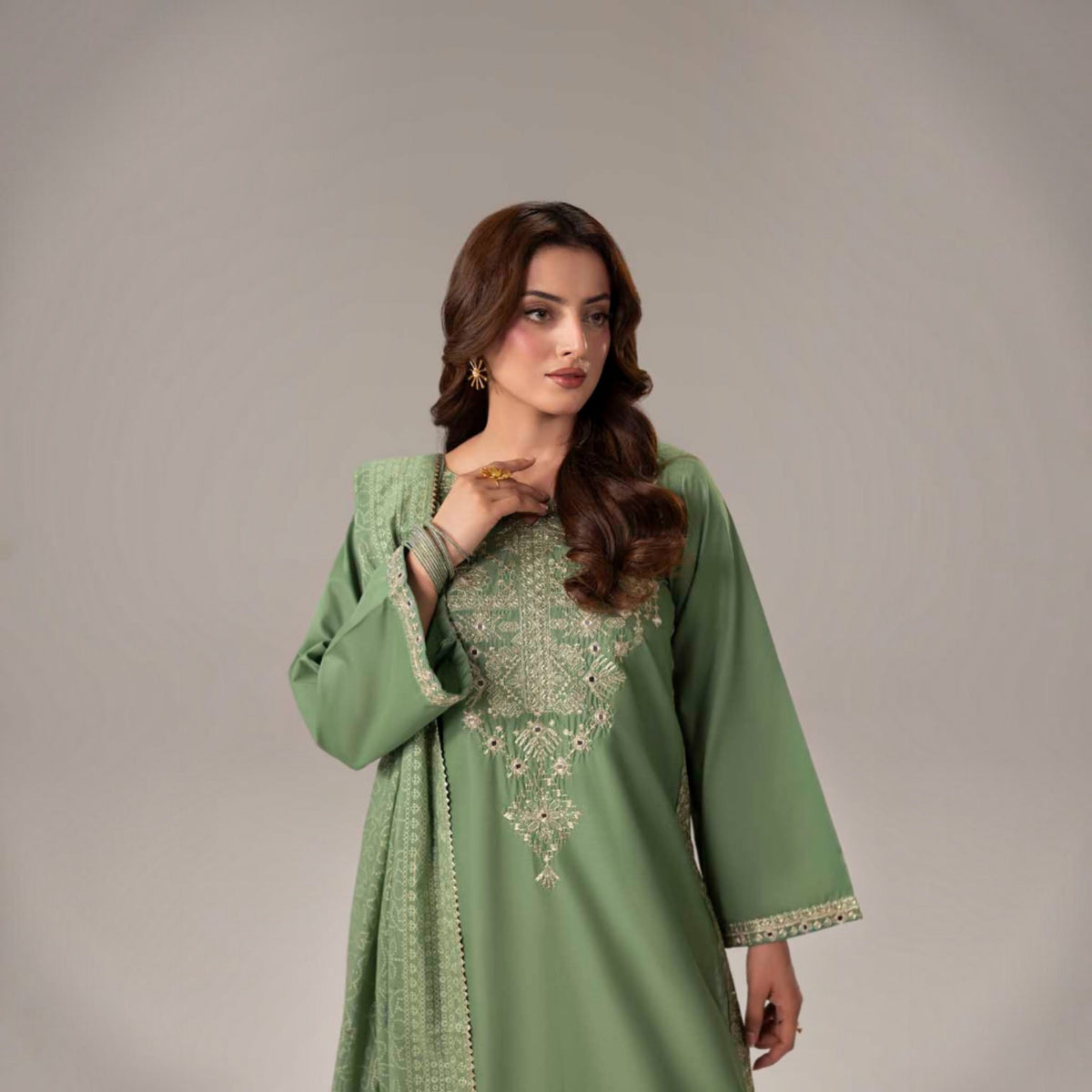 3-Piece Embroidered Dhanak Unstitched Suit