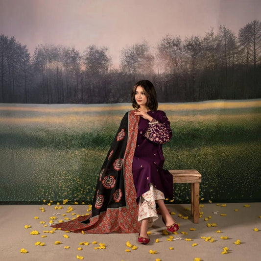 3-Piece Embroidered Dhanak Unstitched Suit