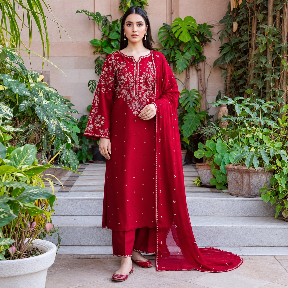 3-Piece Dhanak Embroidered Unstitched Suit
