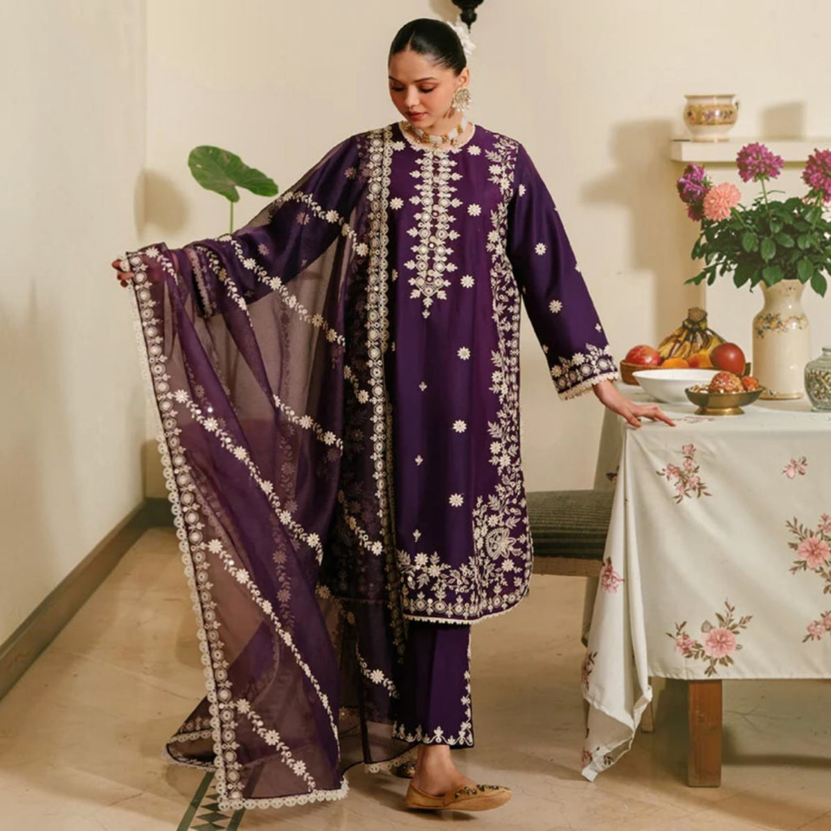 3-Piece Embroidered Dhanak Unstitched Suit