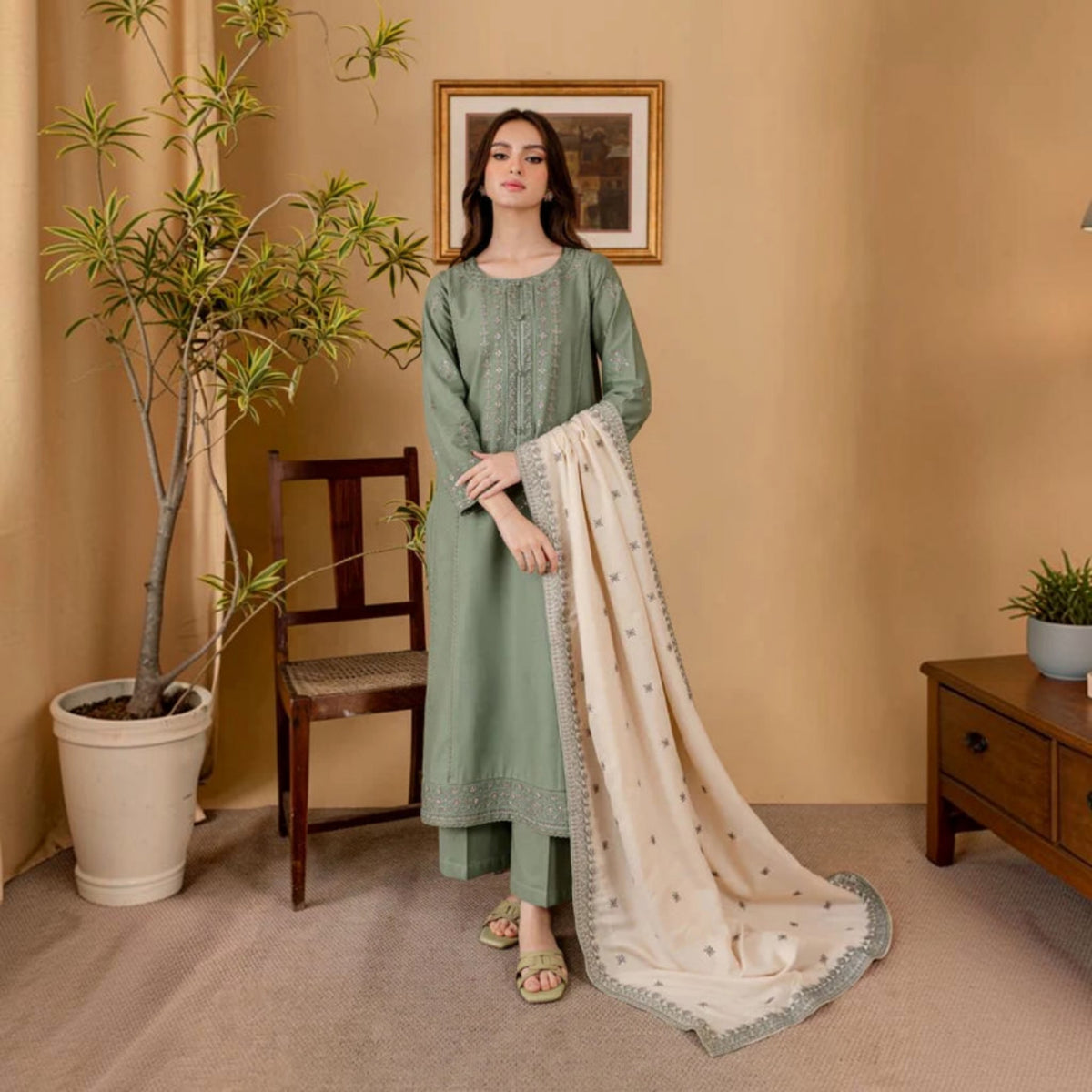 3-Piece Embroidered Dhanak Unstitched Suit