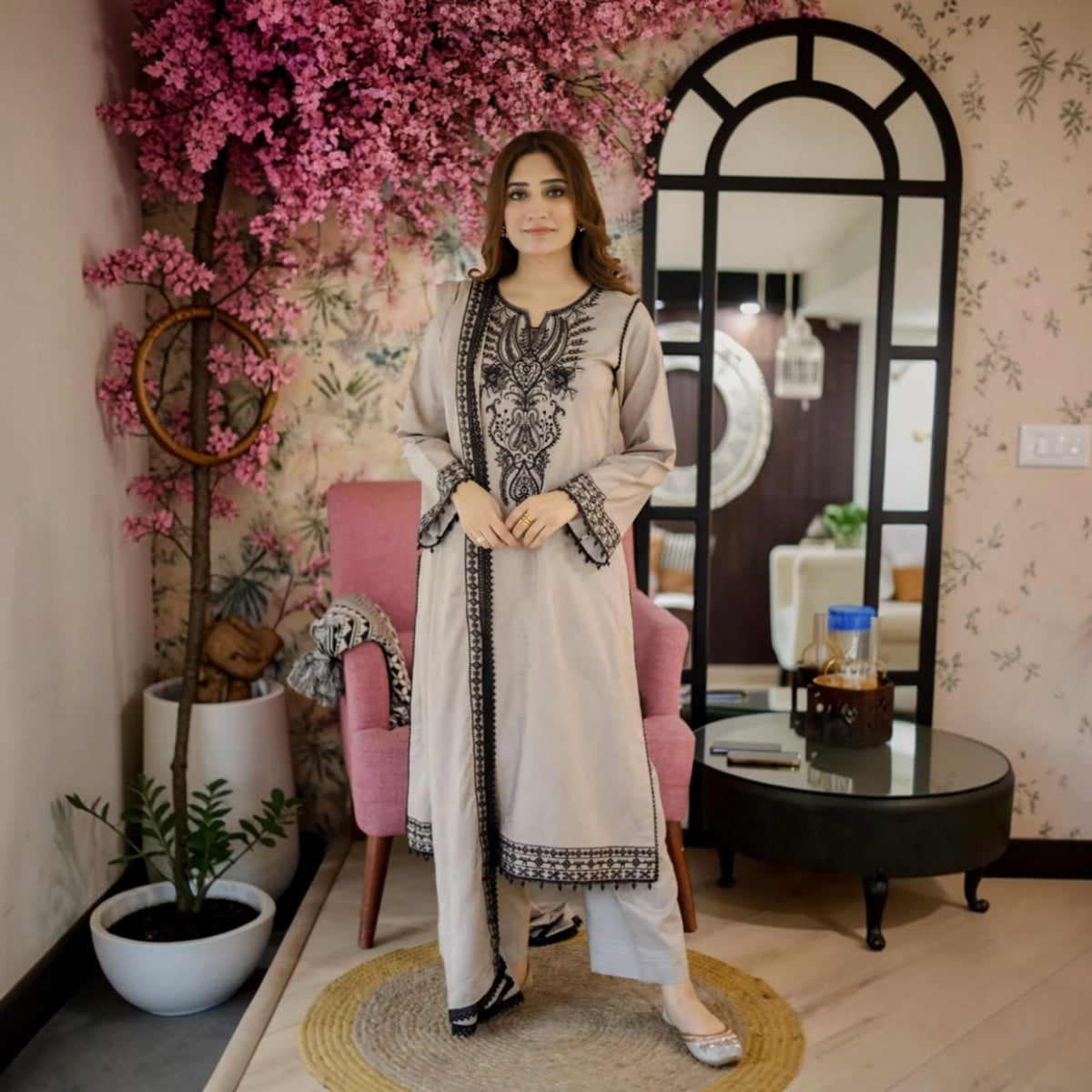 3-Piece Embroidered Dhanak Unstitched Suit